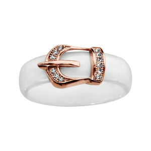 BAGUE PLAQUÉ OR ROSE CERAMIQUE BLANCHE MOTIF CEINTURE OXYDES BLANCS MICRO SERTIS