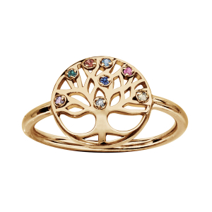 BAGUE PLAQUÉ OR RONDELLE MOTIF ARBRE DE VIE PIERRES SYNTHETIQUE MULTI COULEURS