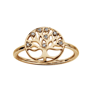 BAGUE PLAQUÉ OR RONDELLE MOTIF ARBRE DE VIE PIERRES SYNTHETIQUE BLANCHES