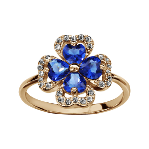 BAGUE PLAQUÉ OR TREFLE PIERRES SYNTHETIQUE BLEUES ENTOURAGE OXYDES BLANCS SERTIS