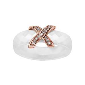 BAGUE PLAQUÉ OR ROSE ANNEAU CERAMIQUE BLANCHE FACETE 2 BARETTES CROISEES OXYDES MICRO SERTIS BLANCS