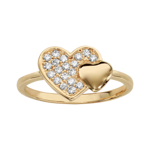 BAGUE PLAQUÉ OR DOUBLE COEUR PAVE OXYDES BLANCS ET LISSE