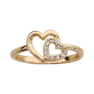 BAGUE PLAQUÉ OR DOUBLE COEUR CROISE OXYDES BLANCS