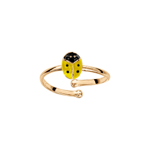 BAGUE PLAQUÉ OR ENFANT COCCINELLE RÉSINE JAUNE ET POINT NOIR REGLABLE DIAM 42 AU 46