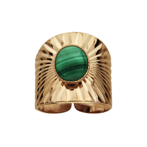 BAGUE PLAQUÉ OR OUVERTE DRAPÉE PIERRE CENTRALE MALACHITE VÉRITABLE