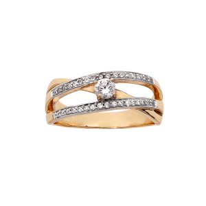 BAGUE PLAQUÉ OR OXYDE BLANC CENTRAL ET 2 RANGS OXYDES BLANCS SERTIS
