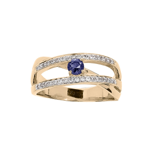 BAGUE PLAQUÉ OR GRAND DIAMETRE OXYDE BLEU CENTRAL ET 2 RANGS OXYDES BLANCS SERTIS