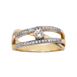 BAGUE PLAQUÉ OR GRAND DIAMETRE OXYDE BLANC CENTRAL ET 2 RANGS OXYDES BLANCS SERTIS