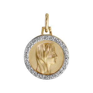 PENDENTIF PLAQUÉ OR ROND 16MM VIERGE CONTOUR OXYDES BLANCS SERTIS