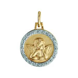 PENDENTIF PLAQUÉ OR ROND 15MM ANGE CONTOUR OXYDES BLANCS SERTIS