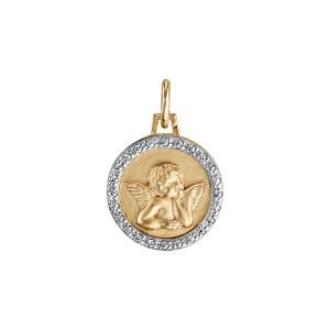 PENDENTIF PLAQUÉ OR ROND 15MM ANGE CONTOUR OXYDES BLANCS SERTIS