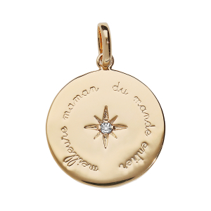 PENDENTIF PLAQUÉ OR ROND  MEILLEURE MAMAN DU MONDE ENTIER AVEC OXYDE BLANC SERTI