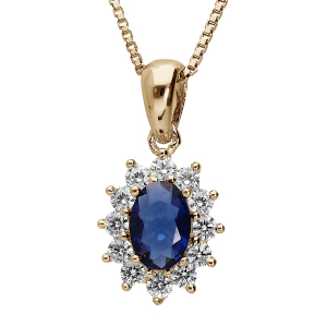 COLLIER PENDENTIF PLAQUÉ OR  ROYAL  PIERRE SYNTHETIQUE BLEUE ENTOURAGE BLANCHES 42+3CM