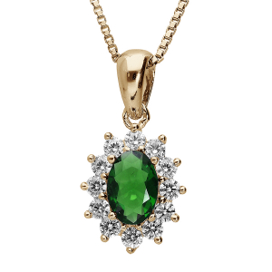 COLLIER PENDENTIF PLAQUÉ OR ROYAL  PIERRE SYNTHETIQUE VERTE ENTOURAGE BLANCHES 42+3CM
