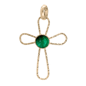 PENDENTIF PLAQUÉ OR  CROIX CABOCHON MALACHITE VERITABLE