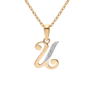 COLLIER PLAQUÉ OR PENDENTIF INITIALE  U  OXYDES BLANCS SERTIS 42+3CM