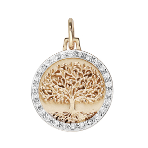 PENDENTIF PLAQUÉ OR ROND 16MM ARBRE DE VIE CONTOUR OXYDES BLANCS SERTIS