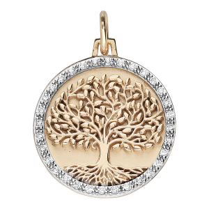 PENDENTIF PLAQUÉ OR ROND 20MM ARBRE DE VIE CONTOUR OXYDES BLANCS SERTIS