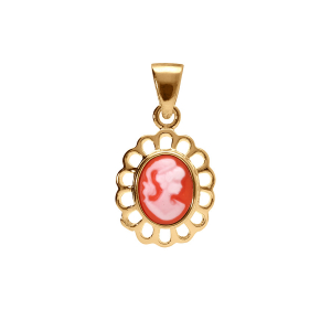 PENDENTIF PLAQUÉ OR CAMÉE RÉSINE ROSE OVALE DENTELLE