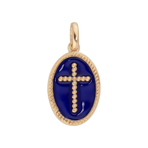 PENDENTIF PLAQUÉ OR OVALE CROIX SUR FOND RÉSINE BLEU FONCÉ