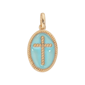 PENDENTIF PLAQUÉ OR OVALE CROIX SUR FOND RÉSINE BLEU CIEL