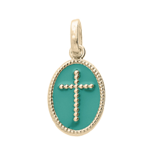 PENDENTIF PLAQUÉ OR OVALE CROIX SUR FOND RÉSINE VERT CANARD