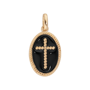 PENDENTIF PLAQUÉ OR OVALE CROIX SUR FOND NOIR OXYDES BLANCS SERTIS