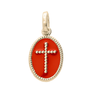 PENDENTIF PLAQUÉ OR OVALE CROIX SUR FOND RÉSINE CORAIL