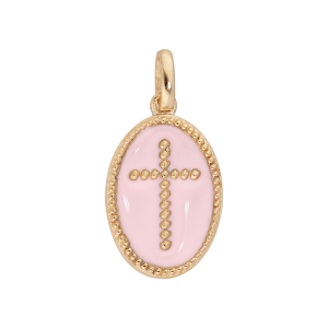 PENDENTIF PLAQUÉ OR OVALE CROIX SUR FOND ROSE PALE OXYDES BLANCS SERTIS
