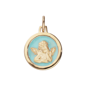PENDENTIF PLAQUÉ OR OVALE ANGE SUR FOND RÉSINE BLEU CIEL