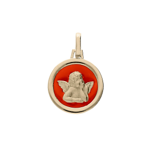 PENDENTIF PLAQUÉ OR OVALE ANGE SUR FOND RÉSINE CORAIL
