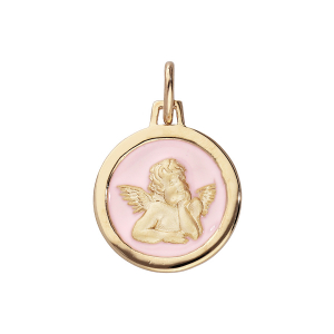 PENDENTIF PLAQUÉ OR OVALE ANGE SUR FOND RÉSINE ROSE PALE