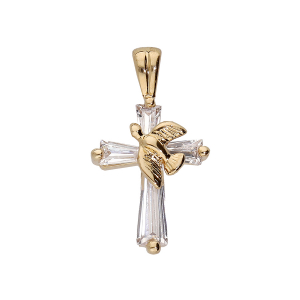 PENDENTIF CROIX PLAQUÉ OR AVEC COLOMBE OXYDES BLANCS SERTIS