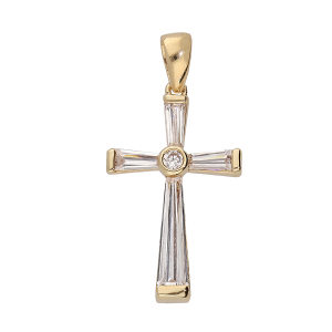 PENDENTIF CROIX PLAQUÉ OR 4 BAGUETTES PROFILÉS OXYDES BLANCS SERTIS