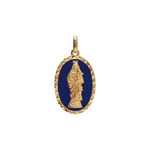 PENDENTIF PLAQUÉ OR OVALE VIERGE ET L'ENFANT 20MMX13MM  FOND BLEU FONCÉ
