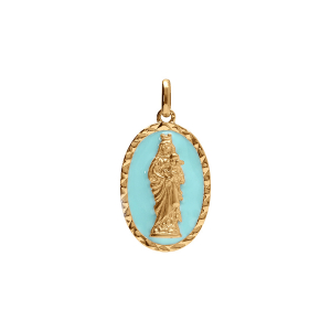 PENDENTIF PLAQUÉ OR OVALE VIERGE ET L'ENFANT  20MMX13MM FOND BLEU CIEL