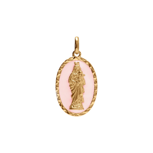 PENDENTIF PLAQUÉ OR OVALE VIERGE ET L'ENFANT 20MMX13MM FOND ROSE