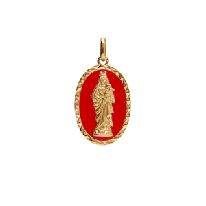 PENDENTIF PLAQUÉ OR OVALE VIERGE ET L'ENFANT 20MMX13MM FOND ROUGE