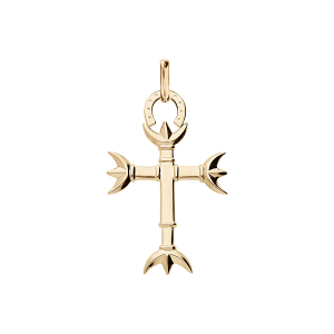PENDENTIF PLAQUÉ OR CROIX CAMARGUAISE GRAND MODELE (37 mm x 22 mm) AVEC TRIDENTITE ET FER A CHEVAL