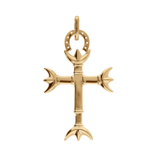PENDENTIF PLAQUÉ OR CROIX CAMARGUAISE GRAND MODELE (37 mm x 22 mm) AVEC TRIDENTITE ET FER A CHEVAL