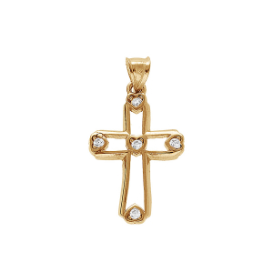 PENDENTIF PLAQUÉ OR CROIX 20X12MM  AJOURÉE  AVEC OXYDES BLANCS