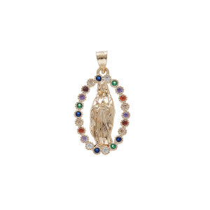 PENDENTIF PLAQUÉ OR OVALE VIERGE LOURDES DIM 18 X 12  OXYDES MULTI COULEURS