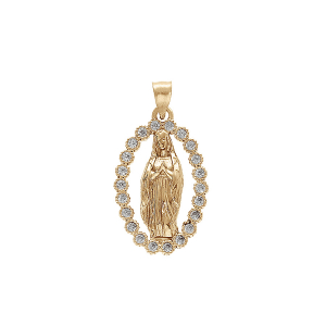 PENDENTIF PLAQUÉ OR OVALE VIERGE LOURDES OXYDES BLANCS SERTIS