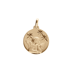 PENDENTIF PLAQUÉ OR  MEDAILLE 15MM DIAMANTÉ ETOILE AVEC ANGE