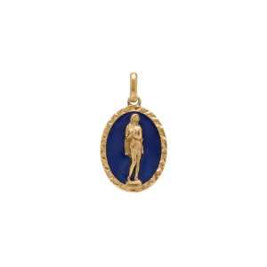 PENDENTIF PLAQUÉ OR OVALE MARIE MADELEINE  18MM X 13MM  FOND RÉSINE BLEU FONCÉ