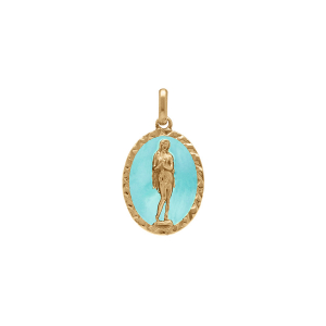 PENDENTIF PLAQUÉ OR OVALE MARIE MADELEINE  18MM X 13MM  FOND RÉSINE BLEU CIEL