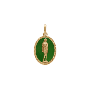 PENDENTIF PLAQUÉ OR OVALE MARIE MADELEINE  18MM X 13MM  FOND RÉSINE VERT PRAIRIE