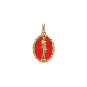 PENDENTIF PLAQUÉ OR OVALE MARIE MADELEINE  18MM X 13MM  FOND RÉSINE ROUGE
