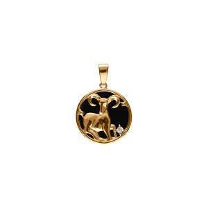 PENDENTIF PLAQUÉ OR MEDAILLE 15MM ONYX NOIR IMITATION ZODIAQUE BELIER ET 1 OXYDE BLANC