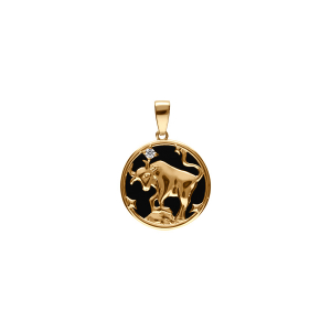 PENDENTIF PLAQUÉ OR MEDAILLE 15MM ONYX NOIR IMITATION ZODIAQUE TAUREAU ET 1 OXYDE BLANC
